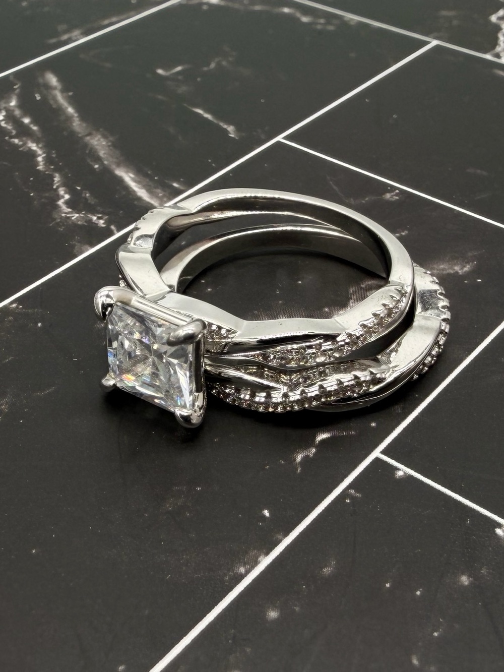 2-Piece Princess Cut Bridal Set Ring – Twisted Pavé Band – Silver Tone Size 8